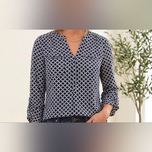 New York & Company Navy and White Geometric V-Neck Roll-Tab Blouse